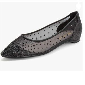 XYD Black Glitter Rhinestones Studded Mesh Hidden Heel Slip On Pointed Toe Shoes
